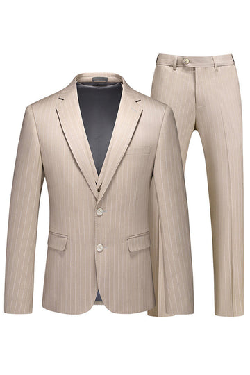 Khaki Striped 3 Pieces Notched Lapel Men's Formal Suits